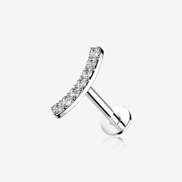 14 Karat White Gold OneFit Threadless Brilliant Sparkle Gems Journey Curve Flat Back Stud Labret-Clear Gem